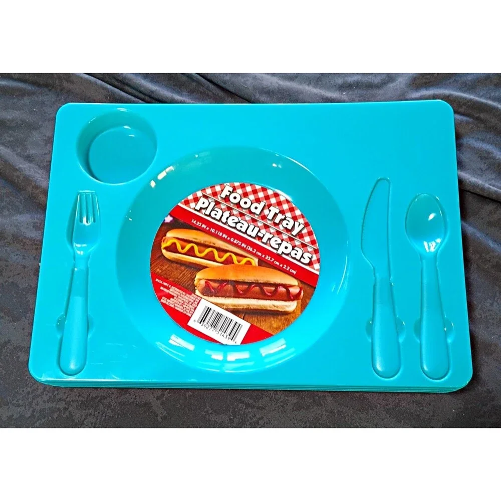 6 Pack Reusable Teal Plastic Food Trays w/ Built-In Plate Area & Cutlery